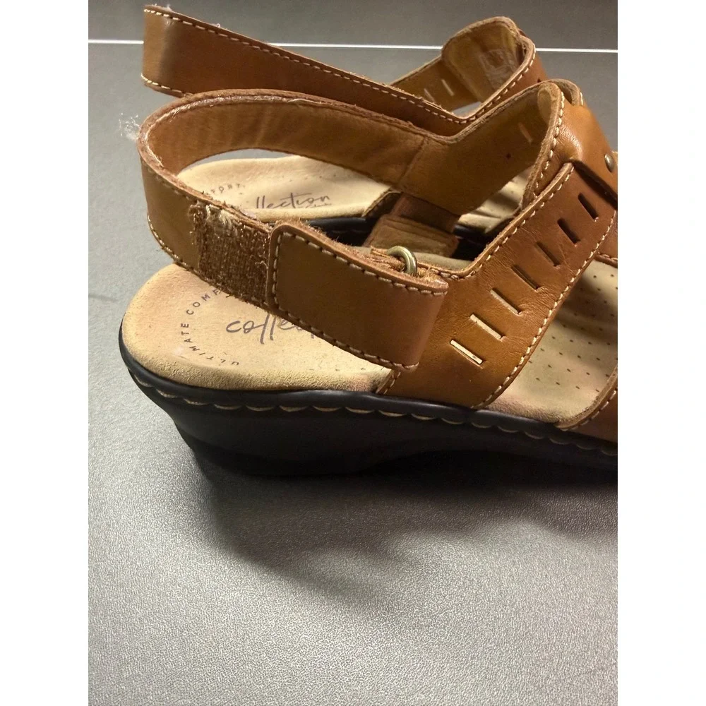 Clarks Collection Tan Brown Leather Strappy Wedge Sandals Laser Cut 26146492 6M